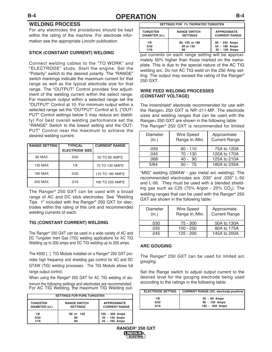 Operation, B-4 welding process | Lincoln Electric IM921 RANGER 250 GXT User Manual | Page 20 / 76