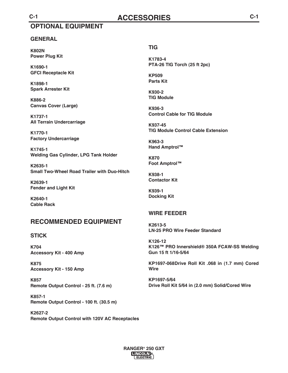 Accessories, Optional equipment, Recommended equipment | Lincoln Electric IM921 RANGER 250 GXT User Manual | Page 22 / 76