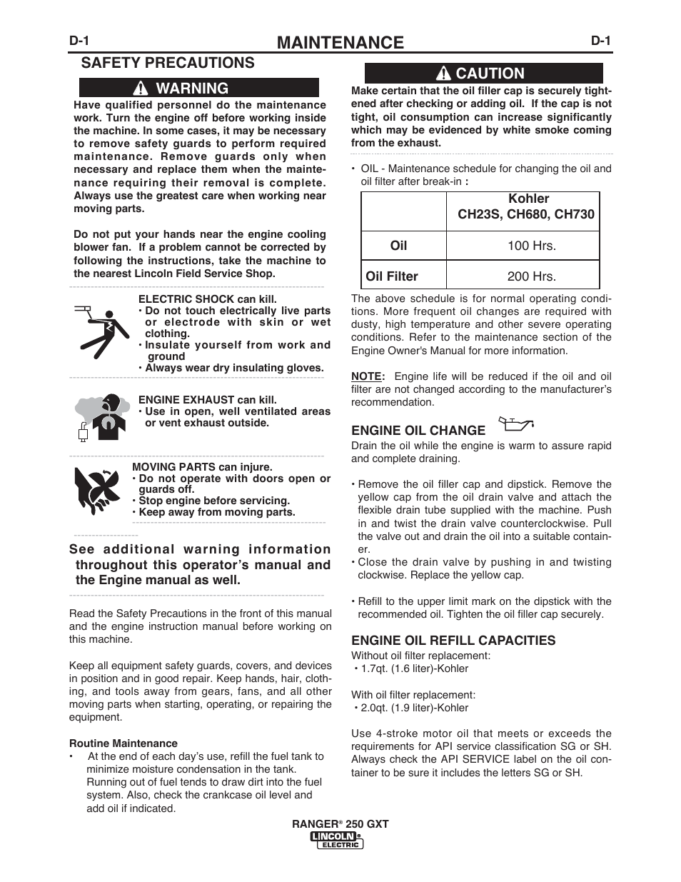 Maintenance, Warning, Safety precautions caution | Lincoln Electric IM921 RANGER 250 GXT User Manual | Page 24 / 76