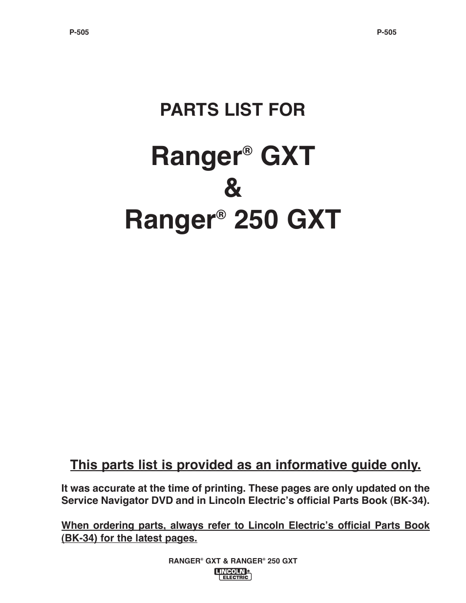 Ranger, Gxt & ranger, 250 gxt | Parts list for | Lincoln Electric IM921 RANGER 250 GXT User Manual | Page 35 / 76