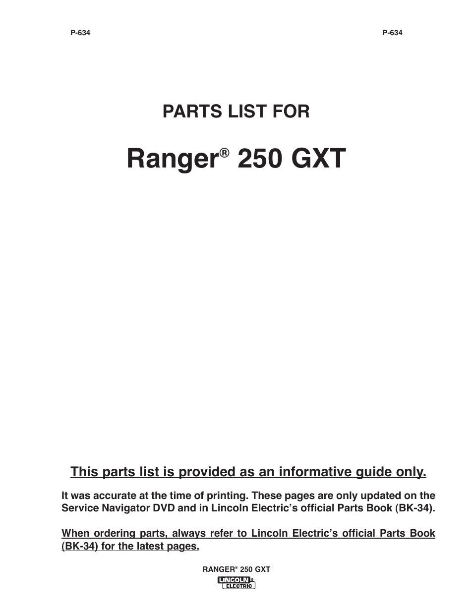 Ranger, 250 gxt, Parts list for | Lincoln Electric IM921 RANGER 250 GXT User Manual | Page 55 / 76