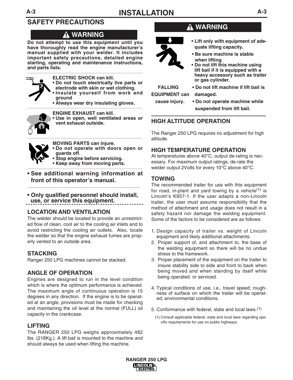 Installation, Safety precautions, Warning | Lincoln Electric IM931 RANGER 250 LPG User Manual | Page 11 / 52