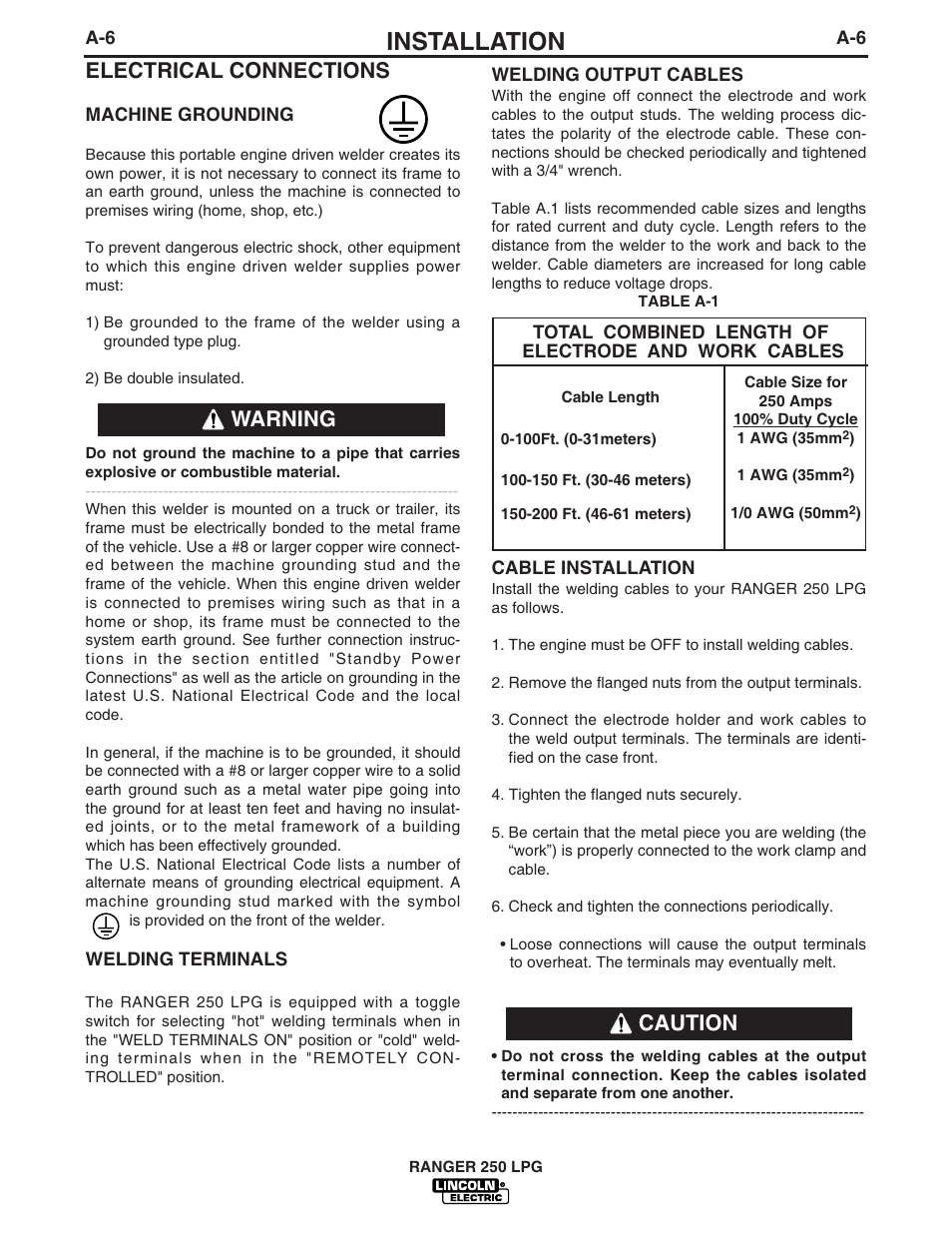 Installation, Electrical connections, Warning | Caution | Lincoln Electric IM931 RANGER 250 LPG User Manual | Page 14 / 52