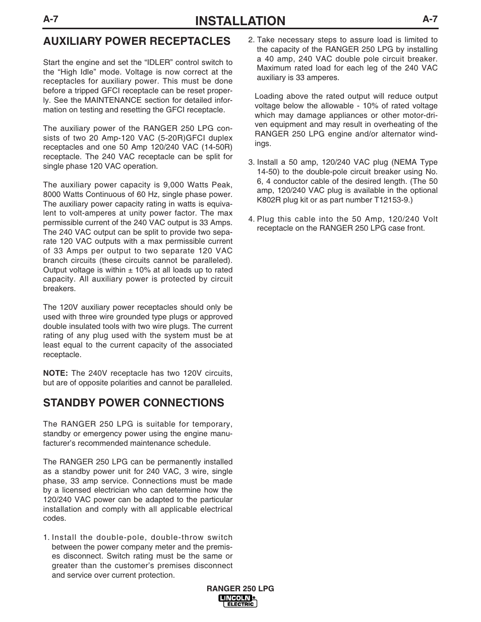 Installation, Auxiliary power receptacles, Standby power connections | Lincoln Electric IM931 RANGER 250 LPG User Manual | Page 15 / 52