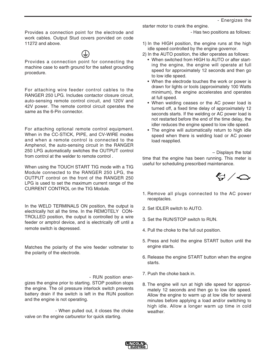 Operation, Engine controls | Lincoln Electric IM931 RANGER 250 LPG User Manual | Page 21 / 52