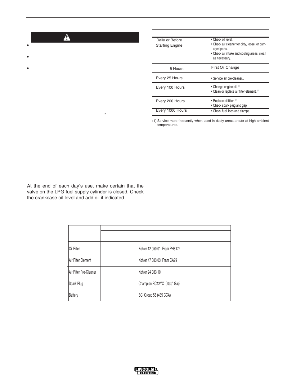 Maintenance, Kohler engine, Safety precautions | Warning, Engine maintenance components, Routine maintenance, Item make and part number kohler ch730s engine, Frequency, Maintenance required | Lincoln Electric IM931 RANGER 250 LPG User Manual | Page 26 / 52