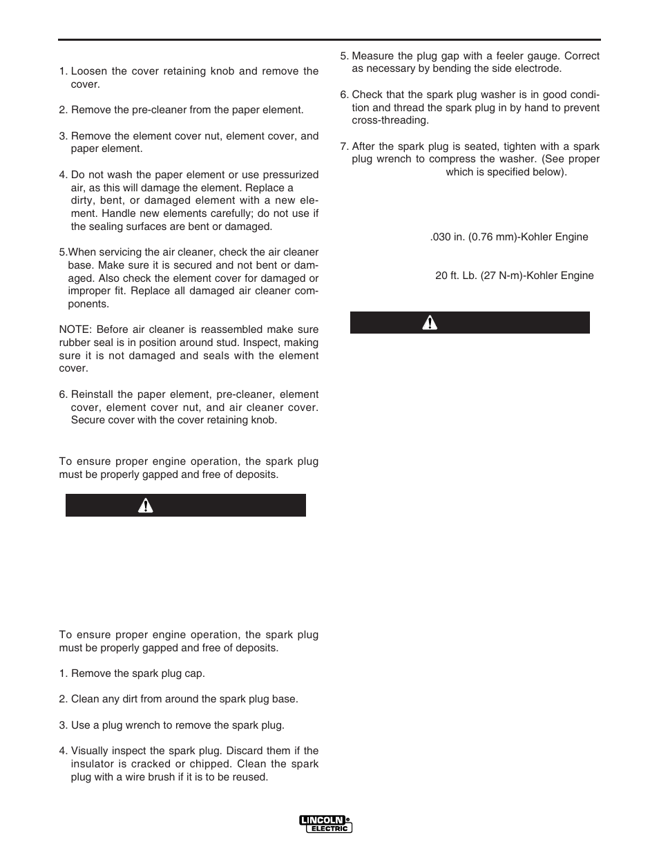 Maintenance, Caution warning | Lincoln Electric IM931 RANGER 250 LPG User Manual | Page 28 / 52