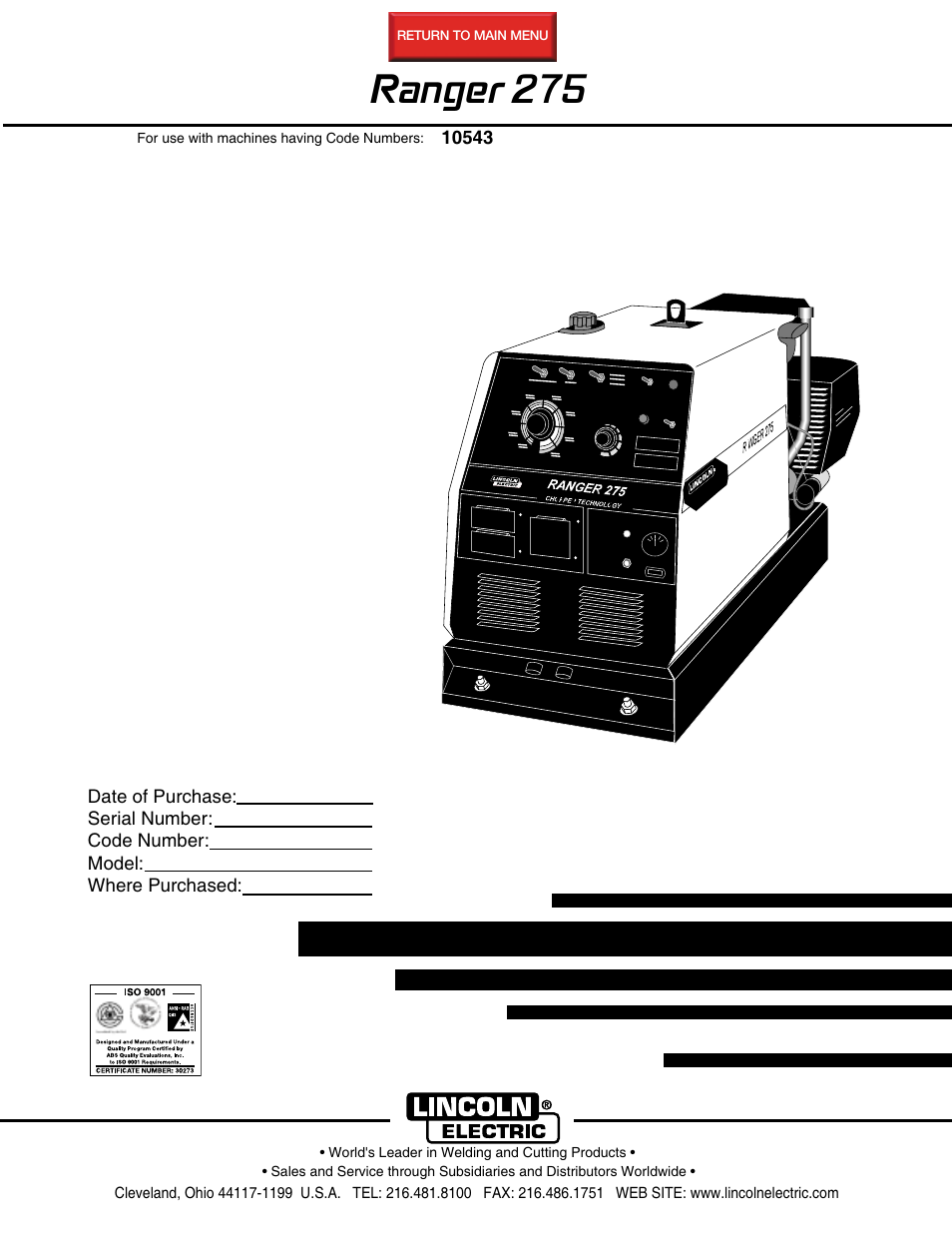 Lincoln Electric IM606 RANGER 275 User Manual | 50 pages