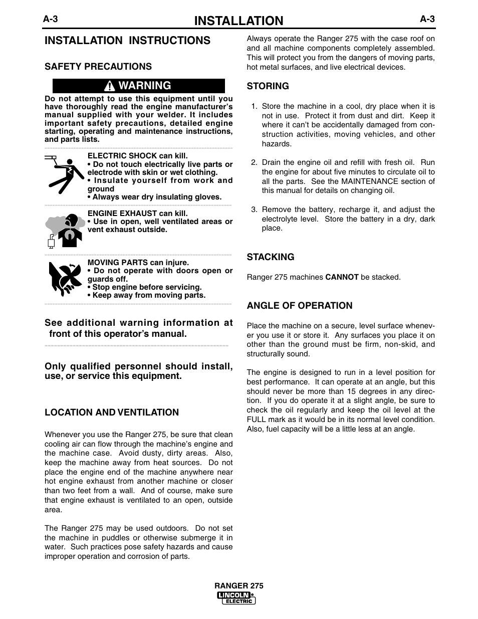 Installation, Installation instructions, Warning | Lincoln Electric IM606 RANGER 275 User Manual | Page 11 / 50