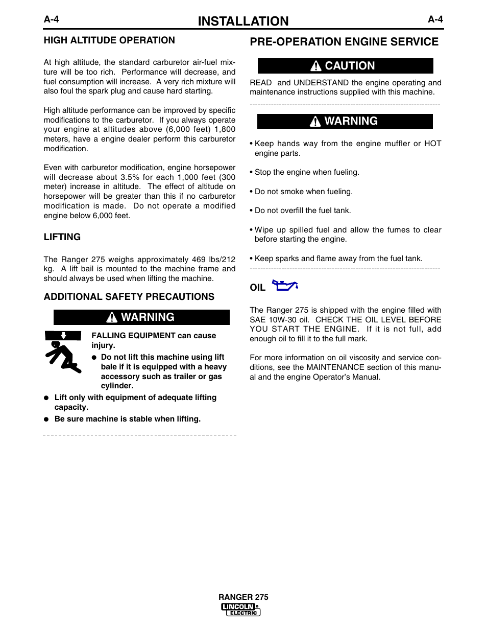 Installation, Warning pre-operation engine service, Warning caution | Lincoln Electric IM606 RANGER 275 User Manual | Page 12 / 50