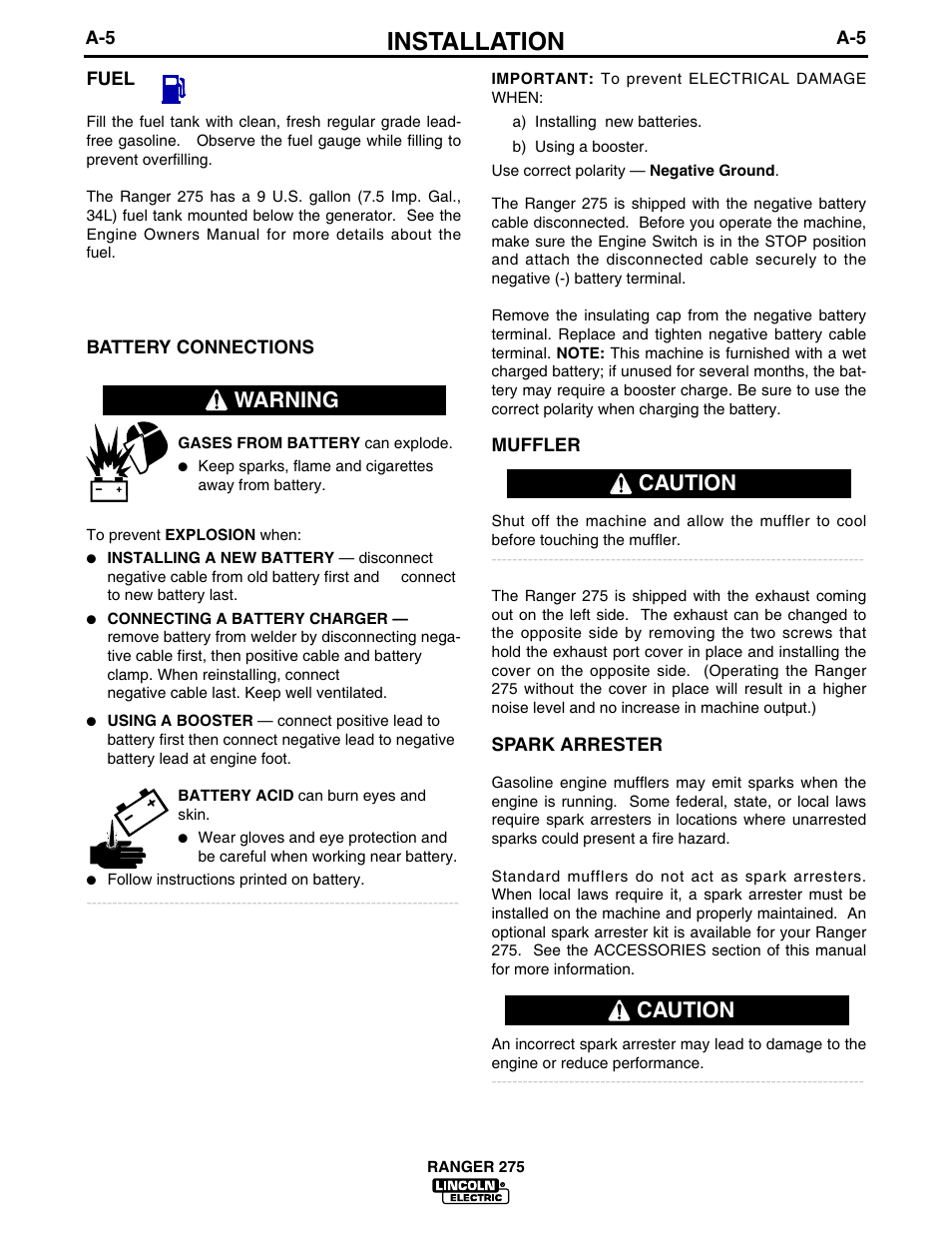 Installation, Warning, Caution | Lincoln Electric IM606 RANGER 275 User Manual | Page 13 / 50