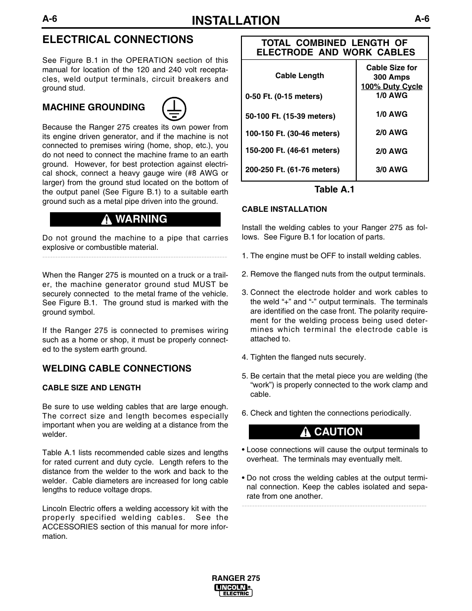 Installation, Electrical connections, Warning | Caution | Lincoln Electric IM606 RANGER 275 User Manual | Page 14 / 50