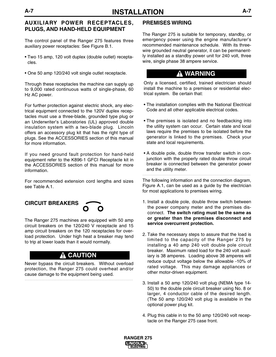 Installation, Caution, Warning | Lincoln Electric IM606 RANGER 275 User Manual | Page 15 / 50