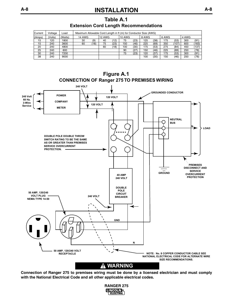 Installation, Figure a.1, Table a.1 | Warning, Connection of ranger 275 to premises wiring, Extension cord length recommendations, Ranger 275 | Lincoln Electric IM606 RANGER 275 User Manual | Page 16 / 50