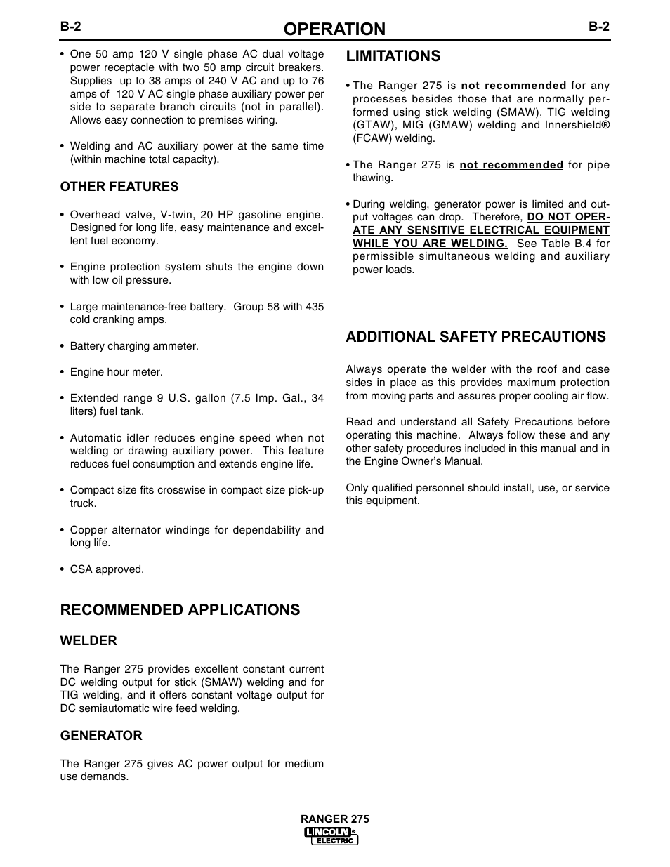 Operation, Recommended applications, Limitations | Additional safety precautions | Lincoln Electric IM606 RANGER 275 User Manual | Page 18 / 50