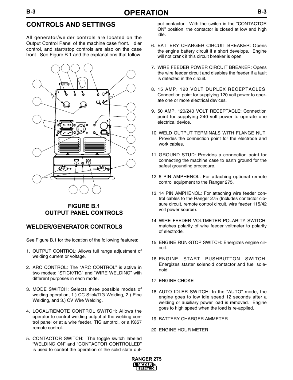 Operation, Controls and settings | Lincoln Electric IM606 RANGER 275 User Manual | Page 19 / 50