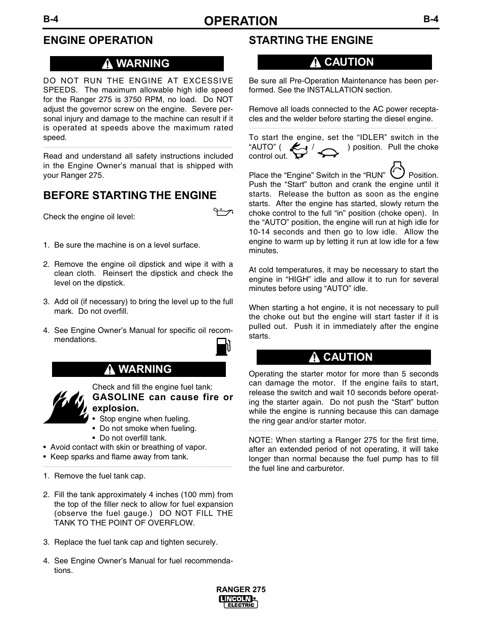 Operation, Engine operation, Before starting the engine | Warning, Warning starting the engine, Caution | Lincoln Electric IM606 RANGER 275 User Manual | Page 20 / 50