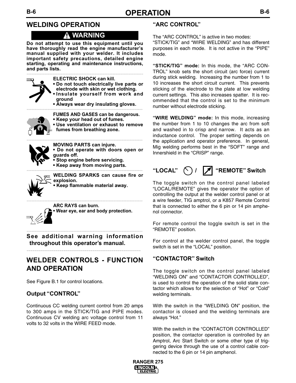 Operation, Warning | Lincoln Electric IM606 RANGER 275 User Manual | Page 22 / 50