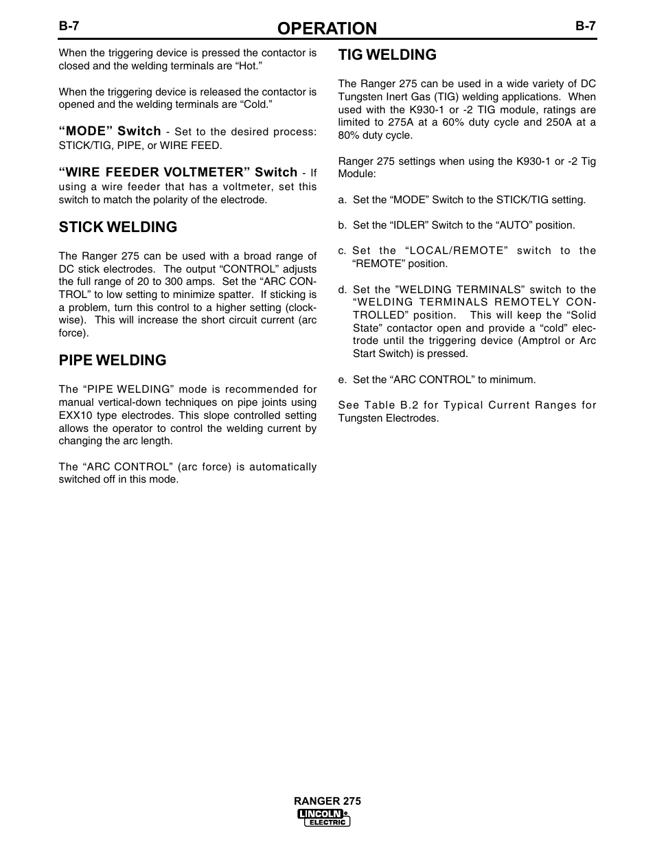 Operation, Stick welding, Pipe welding | Tig welding | Lincoln Electric IM606 RANGER 275 User Manual | Page 23 / 50