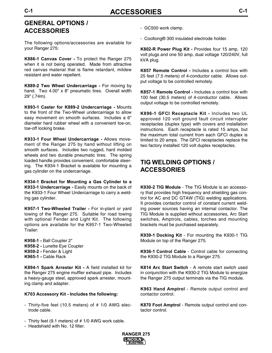 Accessories, General options / accessories, Tig welding options / accessories | Lincoln Electric IM606 RANGER 275 User Manual | Page 27 / 50