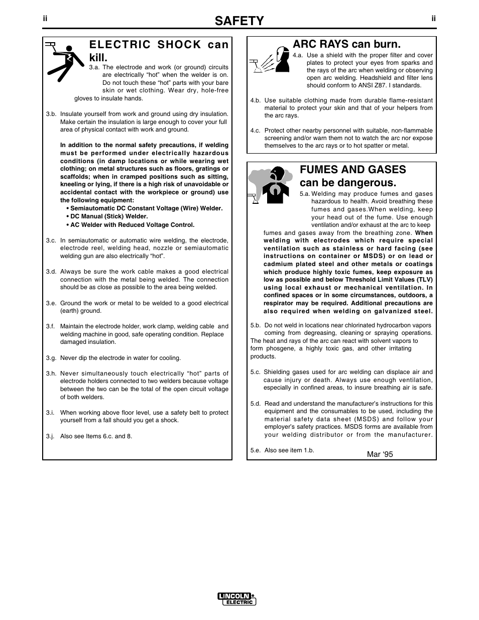 Safety, Arc rays can burn, Electric shock can kill | Fumes and gases can be dangerous | Lincoln Electric IM606 RANGER 275 User Manual | Page 3 / 50