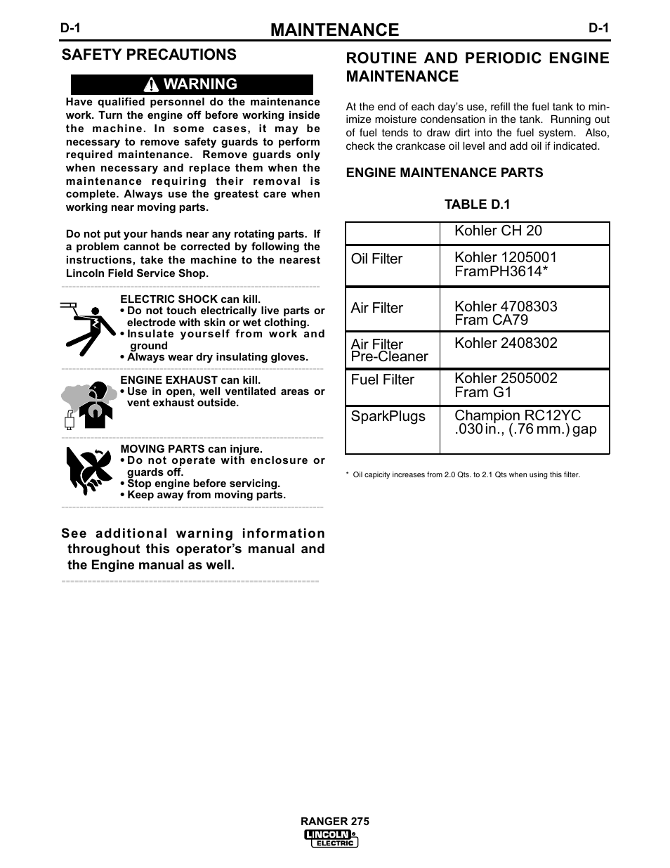 Maintenance | Lincoln Electric IM606 RANGER 275 User Manual | Page 34 / 50