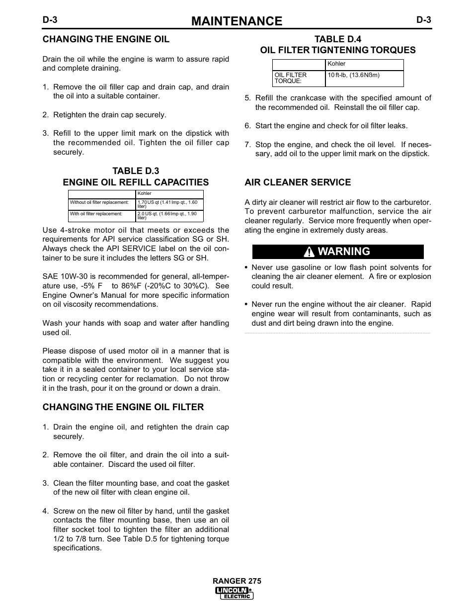 Maintenance, Warning | Lincoln Electric IM606 RANGER 275 User Manual | Page 36 / 50