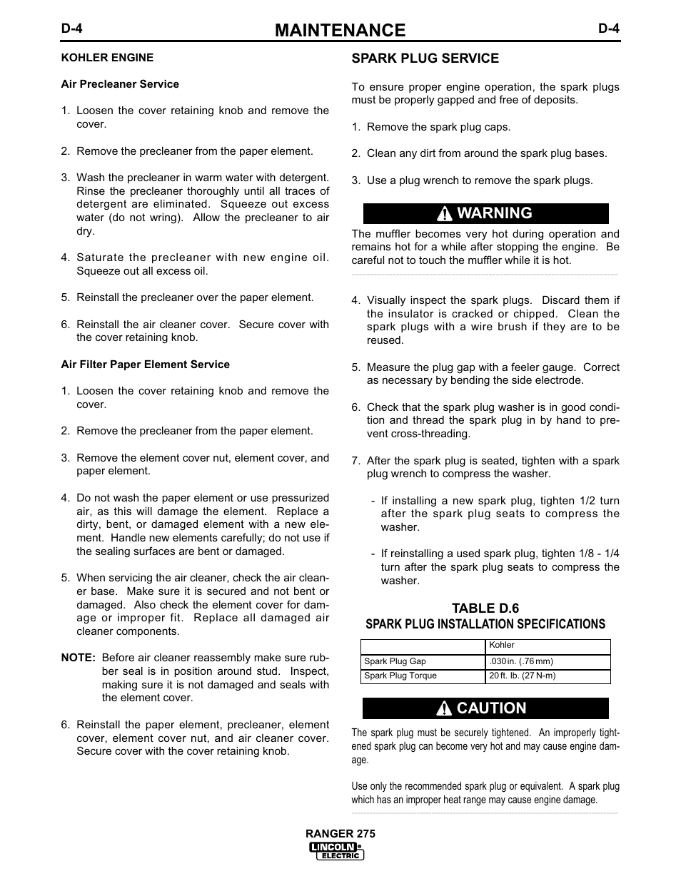 Maintenance, Warning, Caution | Lincoln Electric IM606 RANGER 275 User Manual | Page 37 / 50