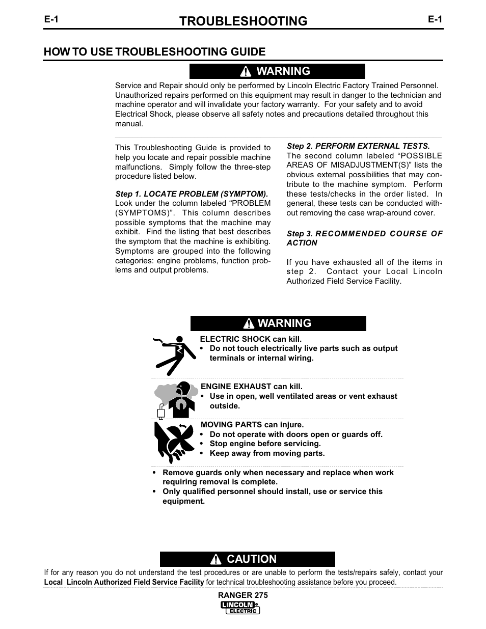 Troubleshooting, Caution, How to use troubleshooting guide | Warning | Lincoln Electric IM606 RANGER 275 User Manual | Page 40 / 50