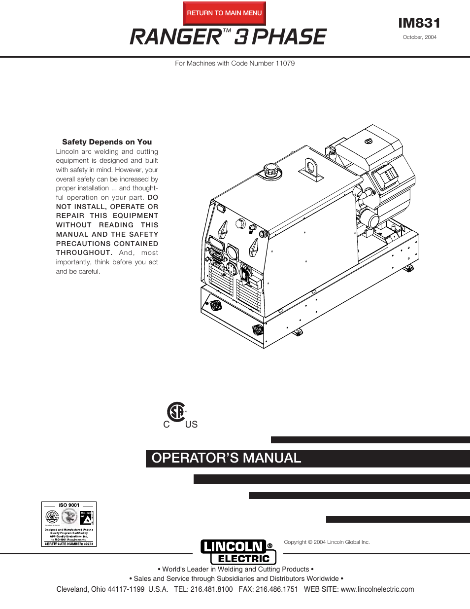 Lincoln Electric IM831 RANGER 3 PHASE User Manual | 36 pages