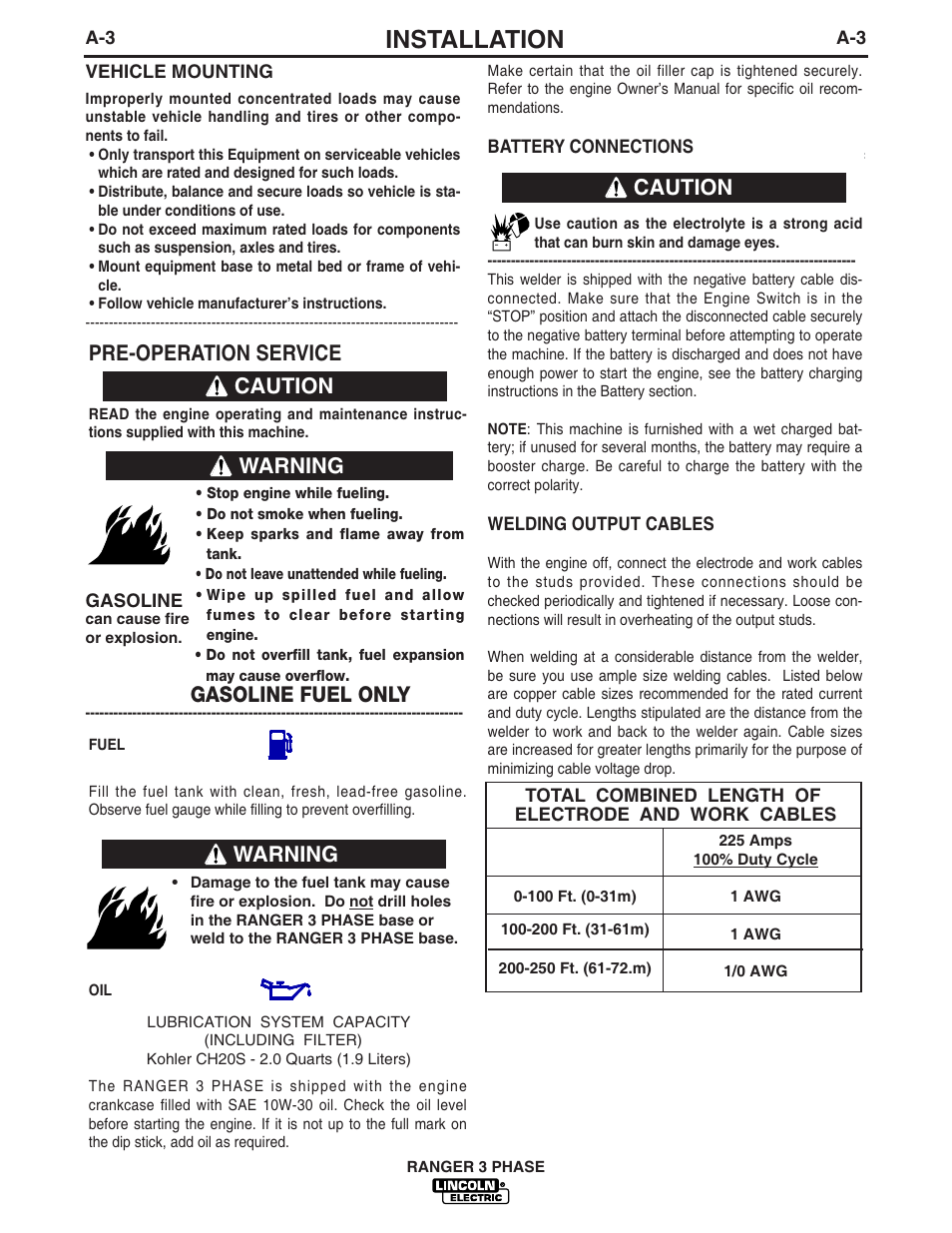 Installation, Pre-operation service, Caution | Warning caution, Gasoline fuel only, Warning | Lincoln Electric IM831 RANGER 3 PHASE User Manual | Page 10 / 36