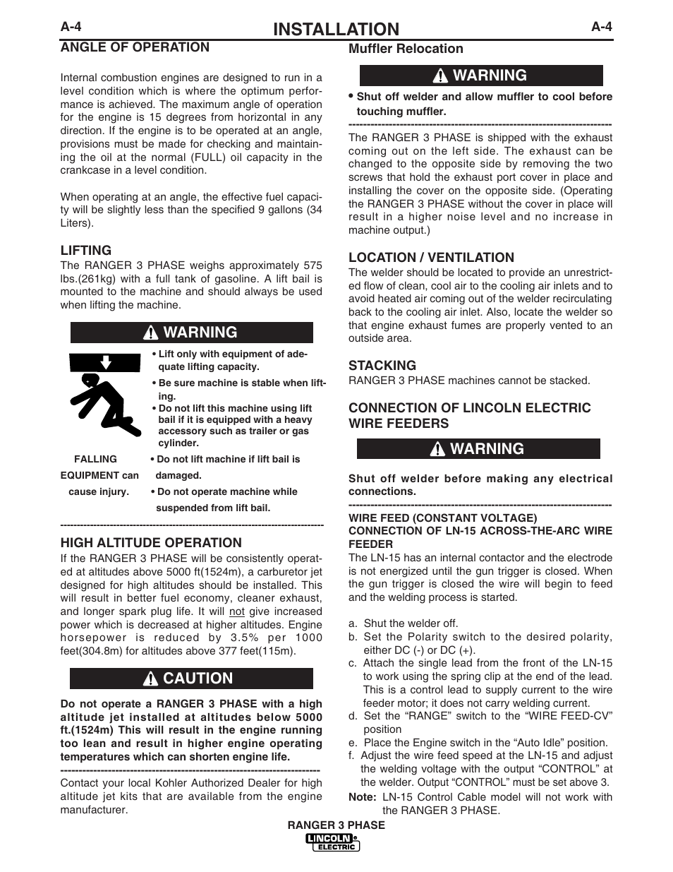 Installation, Caution warning warning warning | Lincoln Electric IM831 RANGER 3 PHASE User Manual | Page 11 / 36