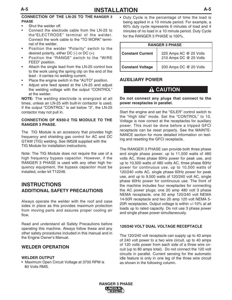 Installation, Instructions, Caution | Lincoln Electric IM831 RANGER 3 PHASE User Manual | Page 12 / 36