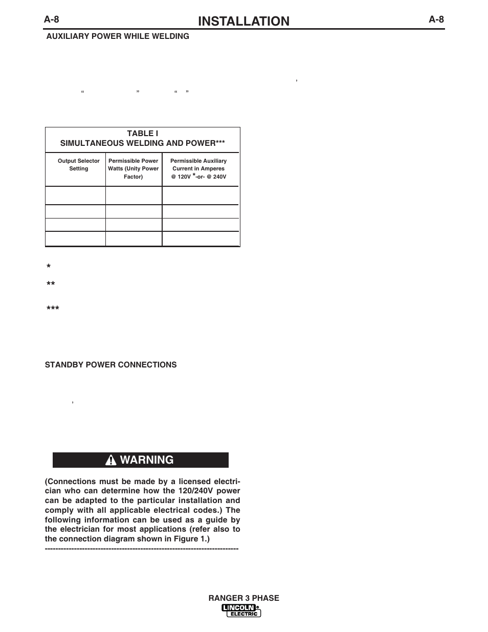 Installation, Warning | Lincoln Electric IM831 RANGER 3 PHASE User Manual | Page 15 / 36