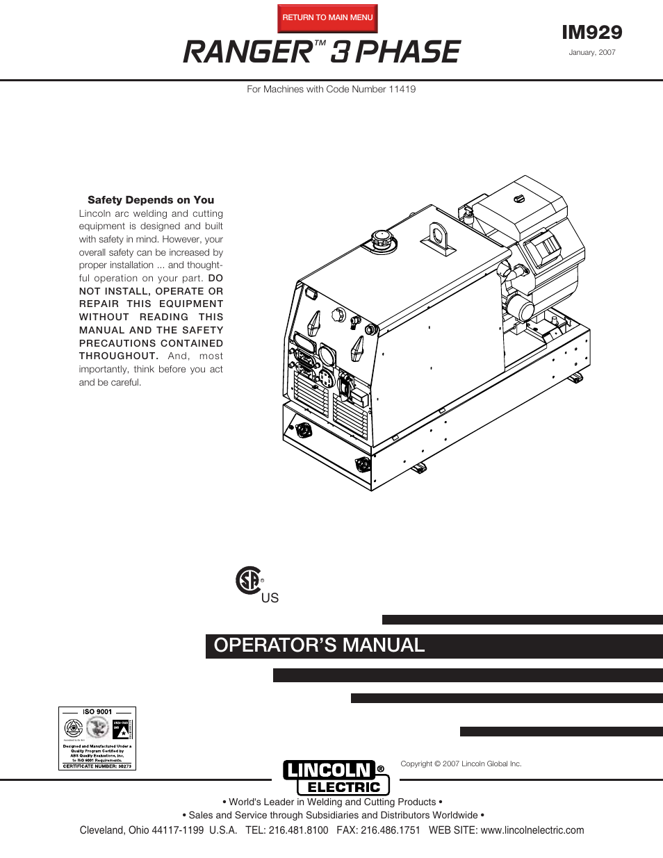 Lincoln Electric IM929 RANGER 3 PHASE User Manual | 36 pages