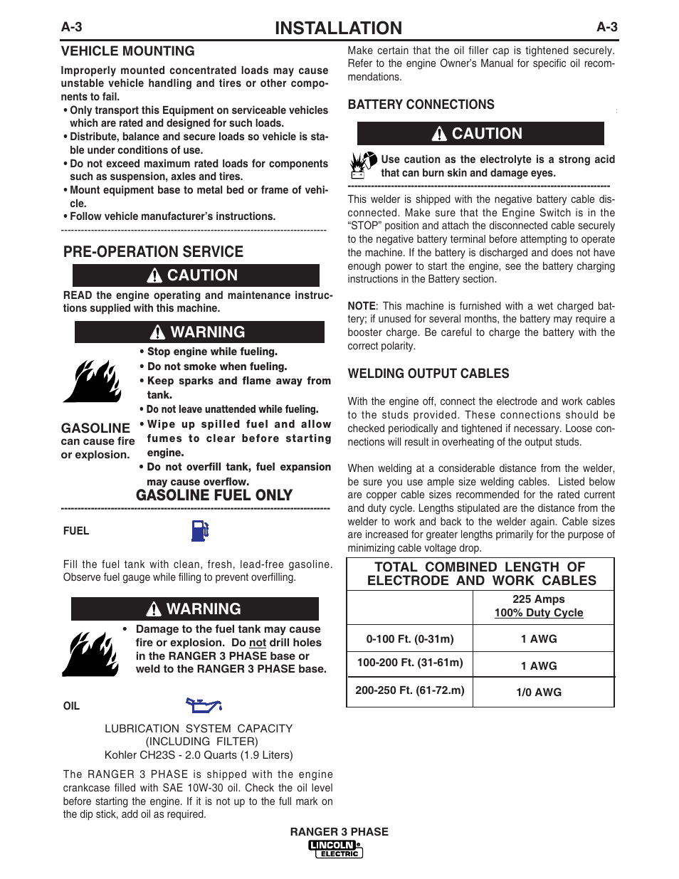 Installation, Pre-operation service, Caution | Warning caution, Gasoline fuel only, Warning | Lincoln Electric IM929 RANGER 3 PHASE User Manual | Page 10 / 36