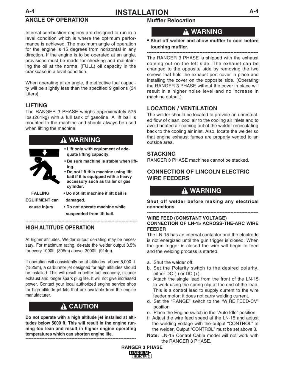 Installation, Caution warning warning warning | Lincoln Electric IM929 RANGER 3 PHASE User Manual | Page 11 / 36
