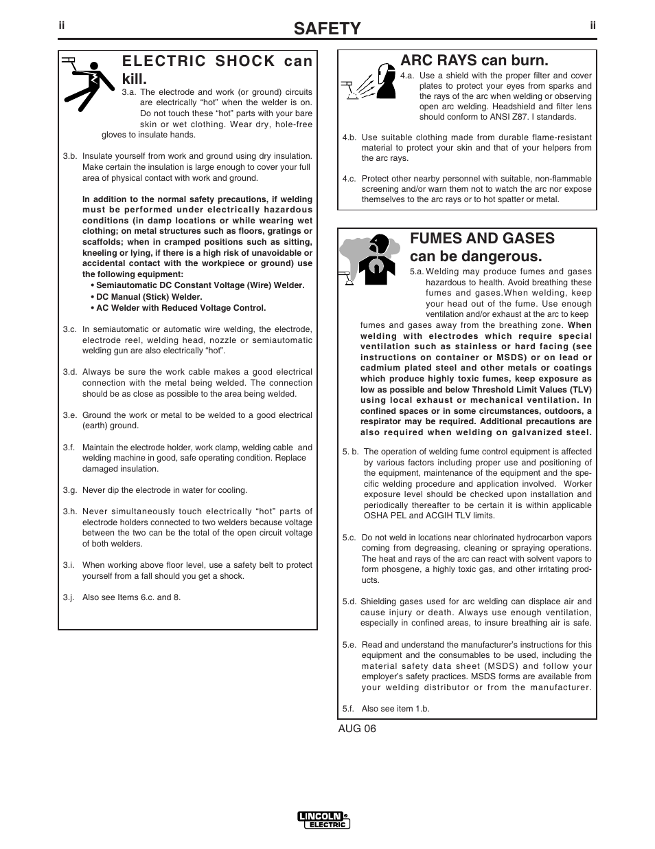 Safety, Arc rays can burn, Electric shock can kill | Fumes and gases can be dangerous | Lincoln Electric IM929 RANGER 3 PHASE User Manual | Page 3 / 36