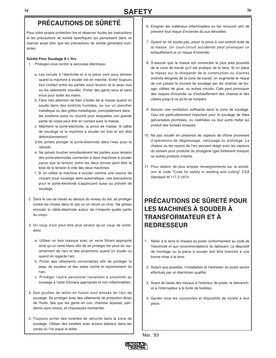 Safety, Précautions de sûreté | Lincoln Electric IM929 RANGER 3 PHASE User Manual | Page 5 / 36