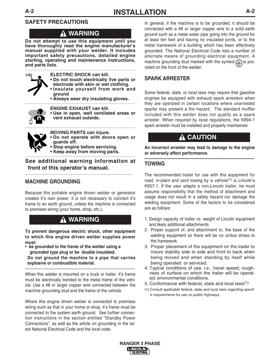 Installation, Caution, Warning | Lincoln Electric IM929 RANGER 3 PHASE User Manual | Page 9 / 36