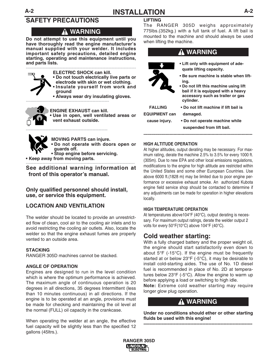 Installation, Cold weather starting, Warning | Safety precautions | Lincoln Electric IM730 RANGER 305 D User Manual | Page 10 / 54