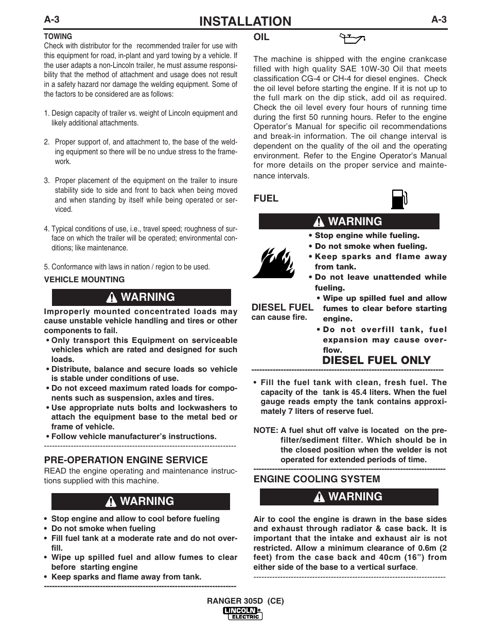 Installation, Warning, Diesel fuel only | Lincoln Electric IM813 RANGER 305 D (CE) User Manual | Page 15 / 50