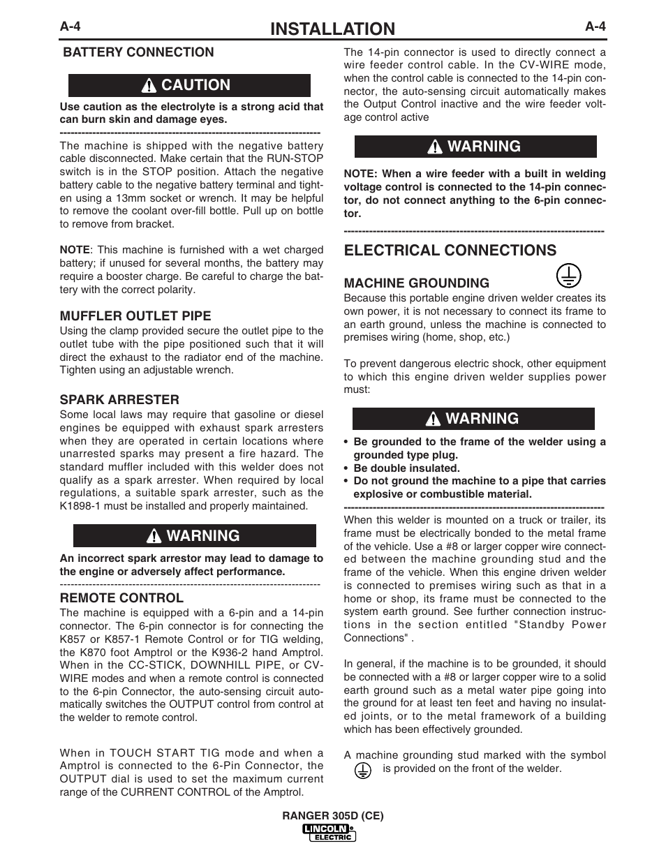 Installation, Electrical connections, Caution warning warning warning | Lincoln Electric IM813 RANGER 305 D (CE) User Manual | Page 16 / 50