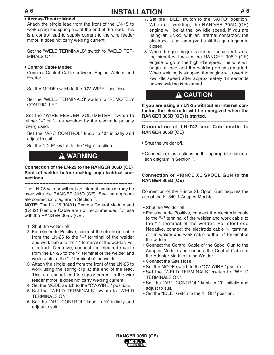 Installation, Warning caution | Lincoln Electric IM813 RANGER 305 D (CE) User Manual | Page 18 / 50