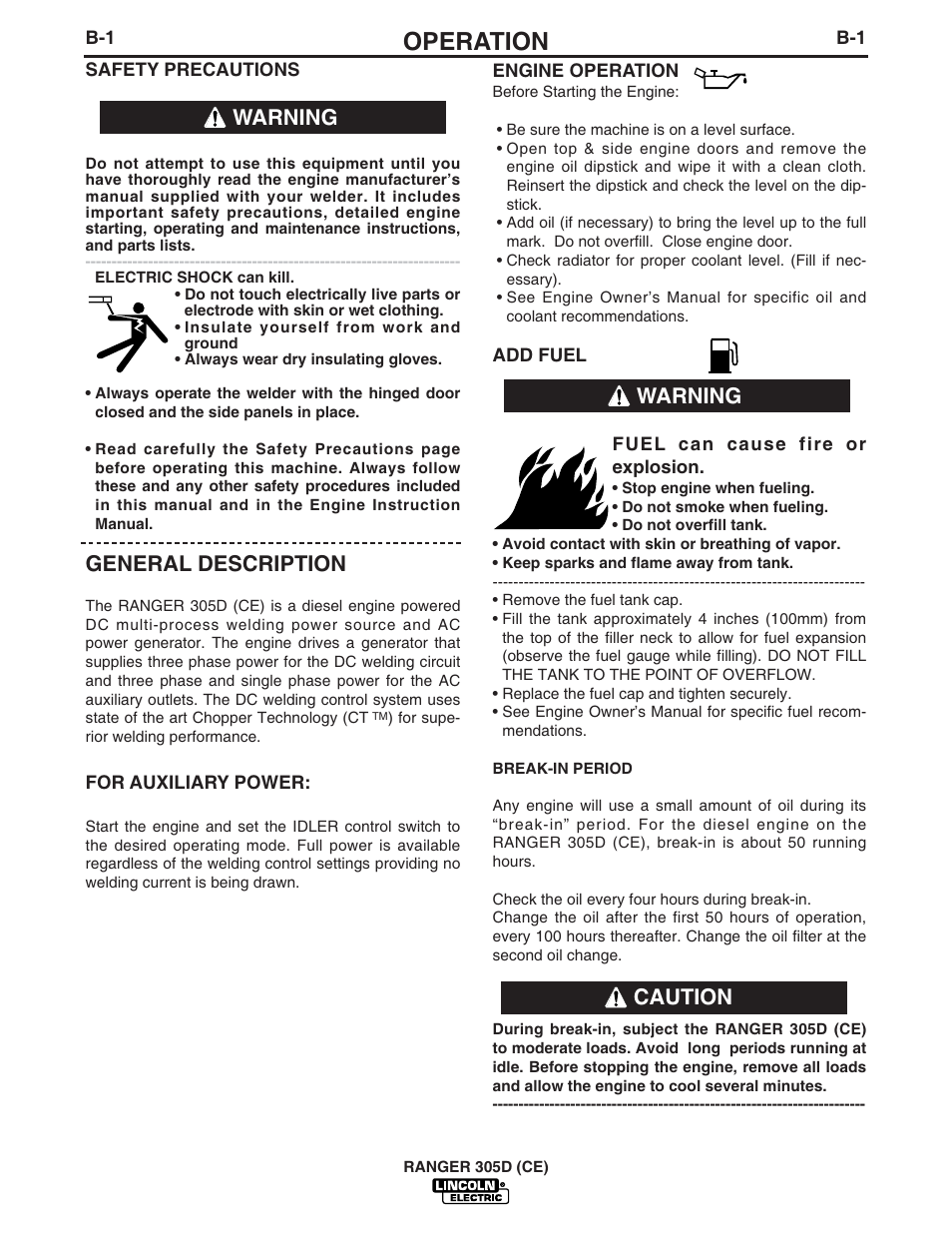 Operation, General description, Warning | Warning caution | Lincoln Electric IM813 RANGER 305 D (CE) User Manual | Page 19 / 50