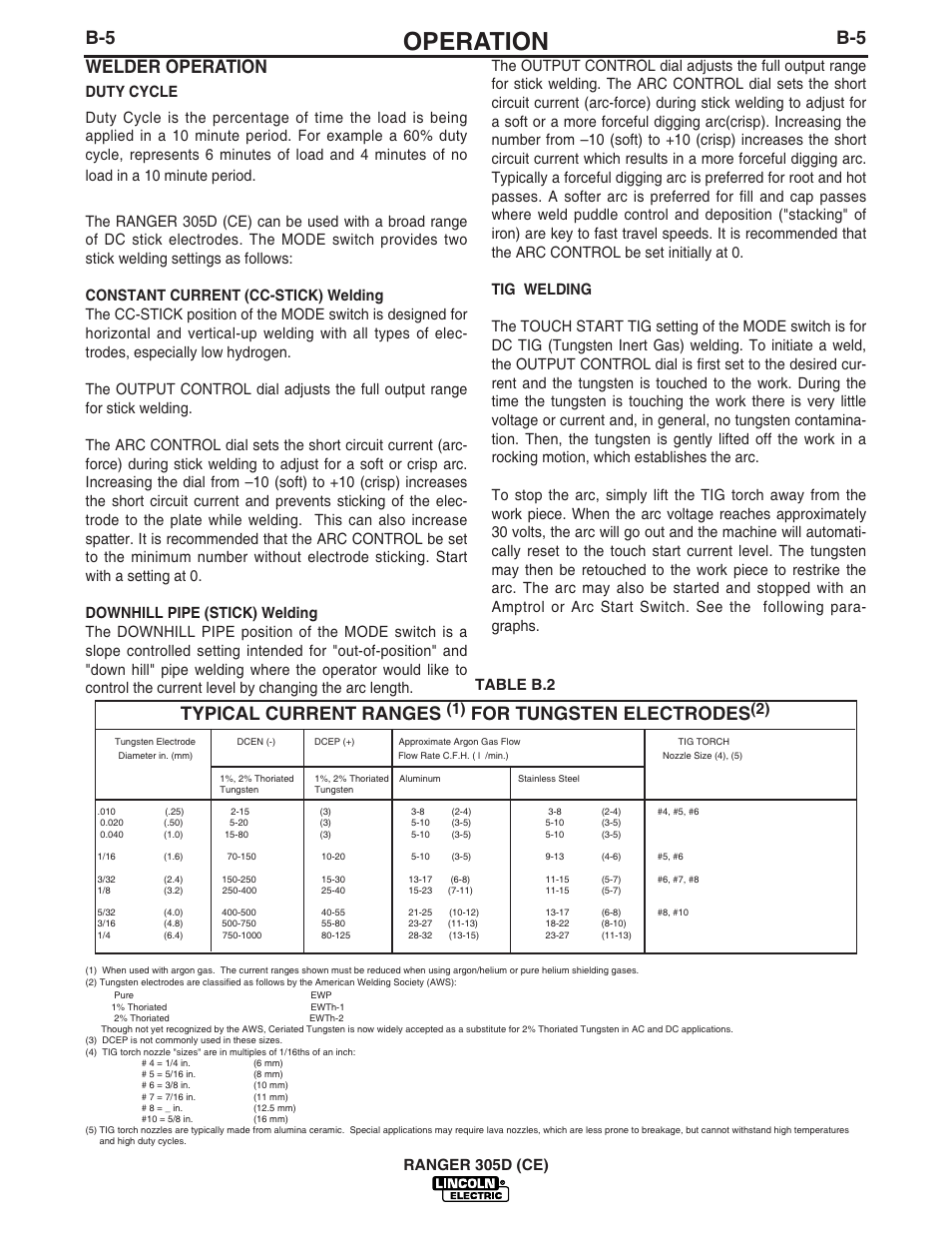 Operation, Typical current ranges, For tungsten electrodes | B-5 welder operation | Lincoln Electric IM813 RANGER 305 D (CE) User Manual | Page 23 / 50