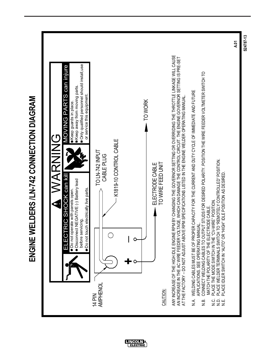 Wa rni ng, Engi ne w el ders / ln- 74 2 connect io n di agram, Diagrams | Lincoln Electric IM813 RANGER 305 D (CE) User Manual | Page 41 / 50