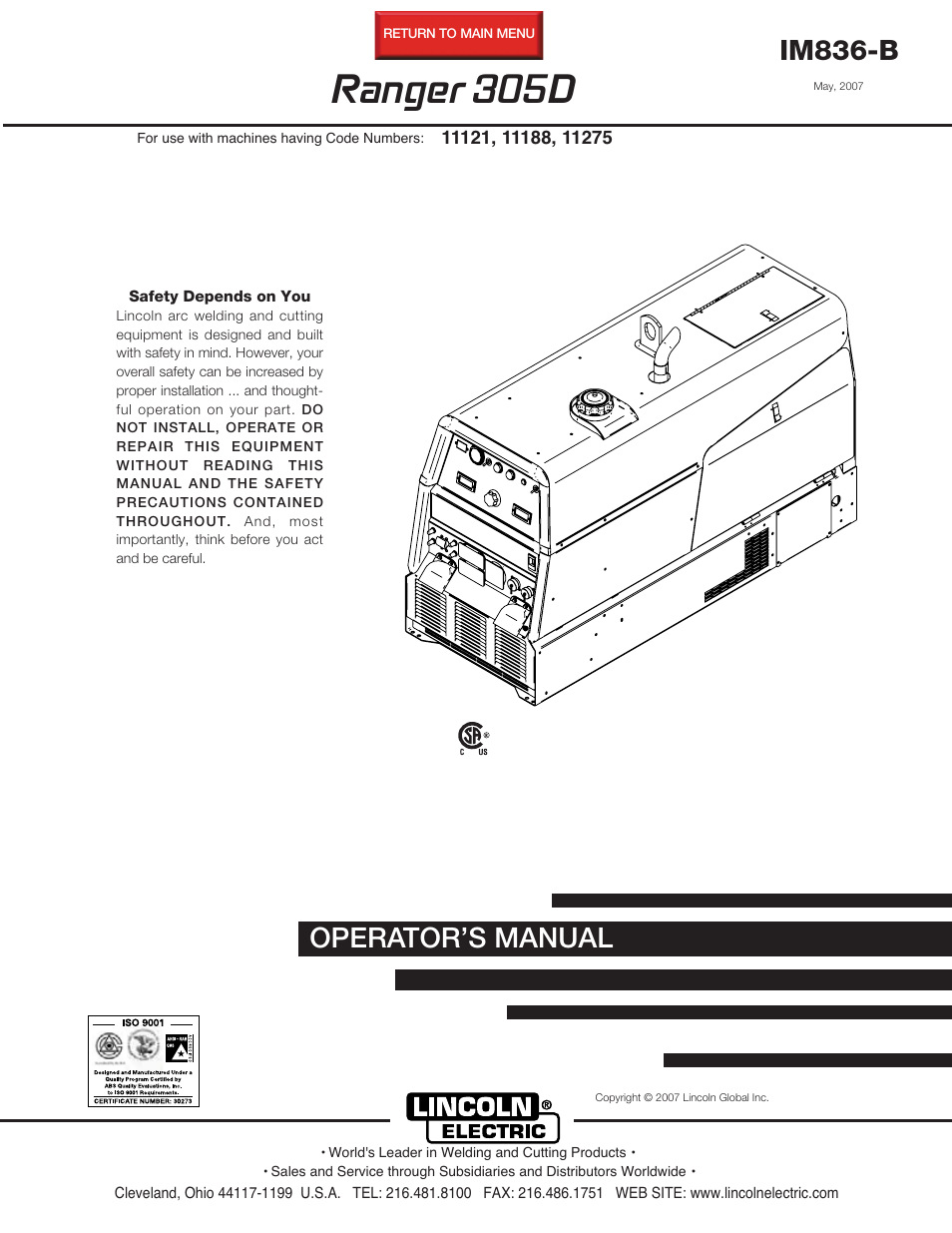 Lincoln Electric IM836 RANGER 305 D User Manual | 54 pages