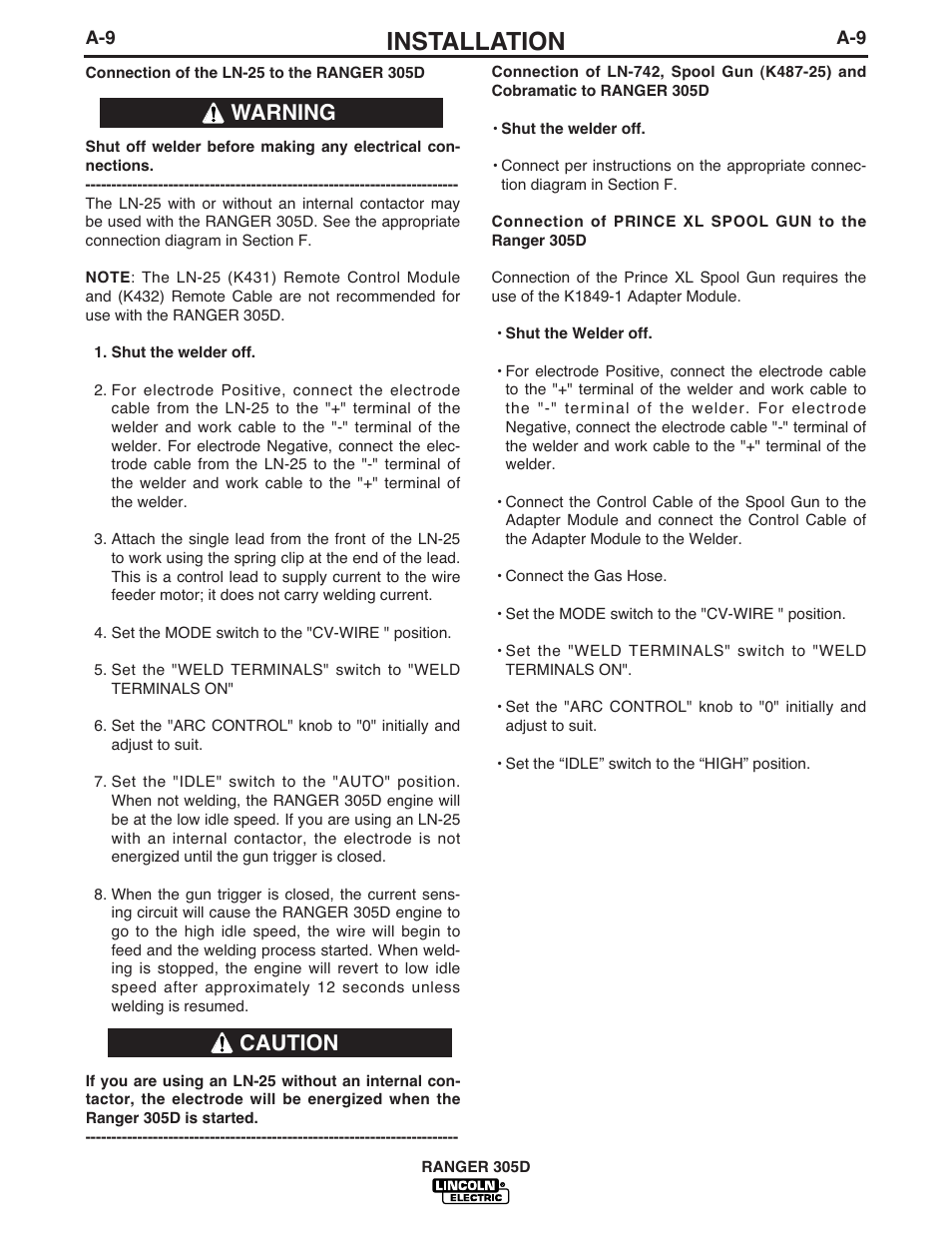 Installation, Warning caution | Lincoln Electric IM836 RANGER 305 D User Manual | Page 17 / 54