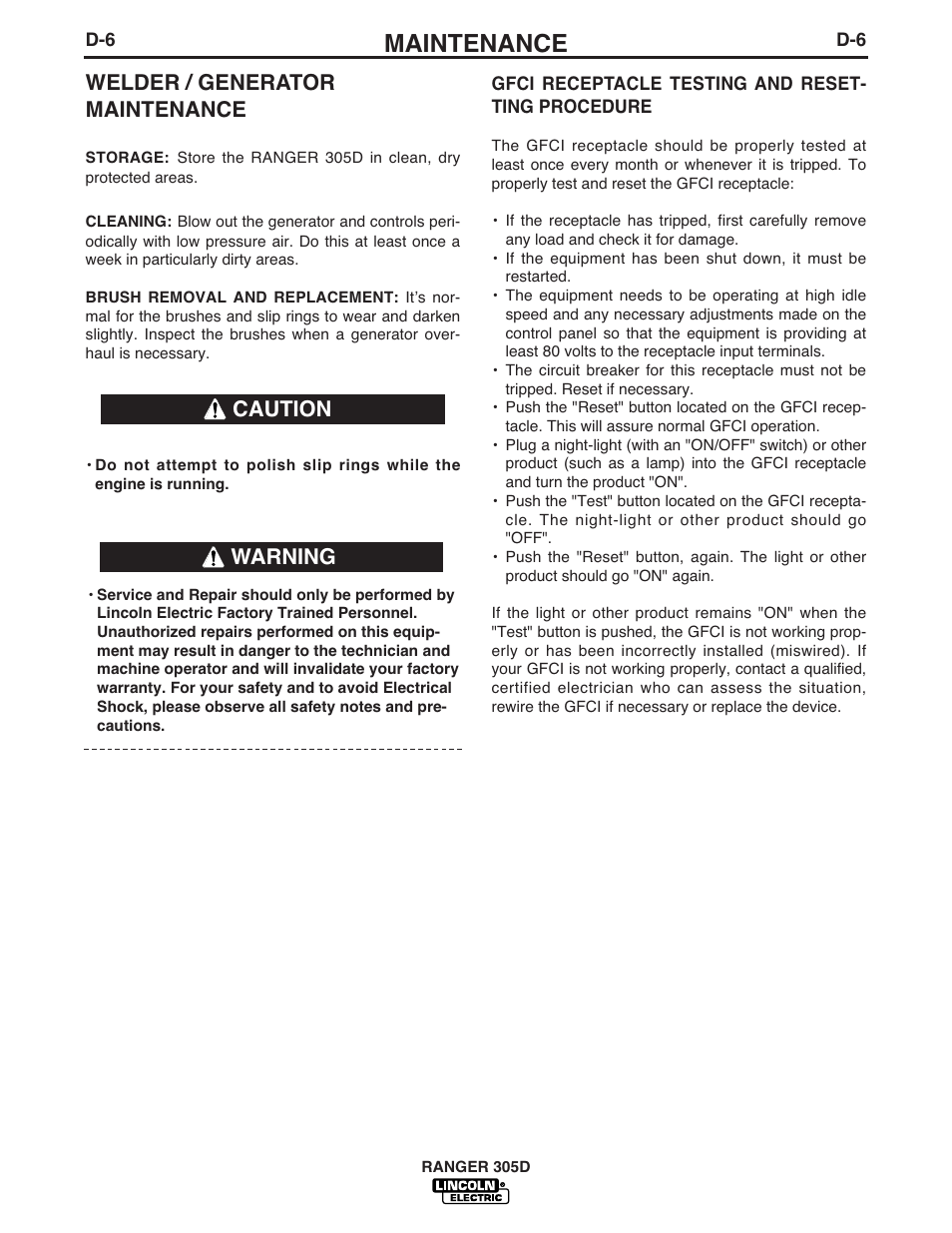 Maintenance, Welder / generator maintenance, Warning | Caution | Lincoln Electric IM836 RANGER 305 D User Manual | Page 31 / 54